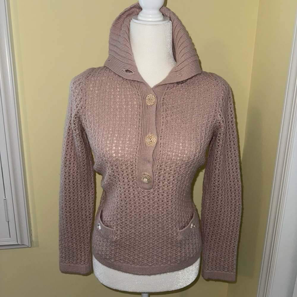 Rebecca Taylor Baby Alpaca Cozy Knit 1/2 Button-Up Sweater Petal Pink Medium